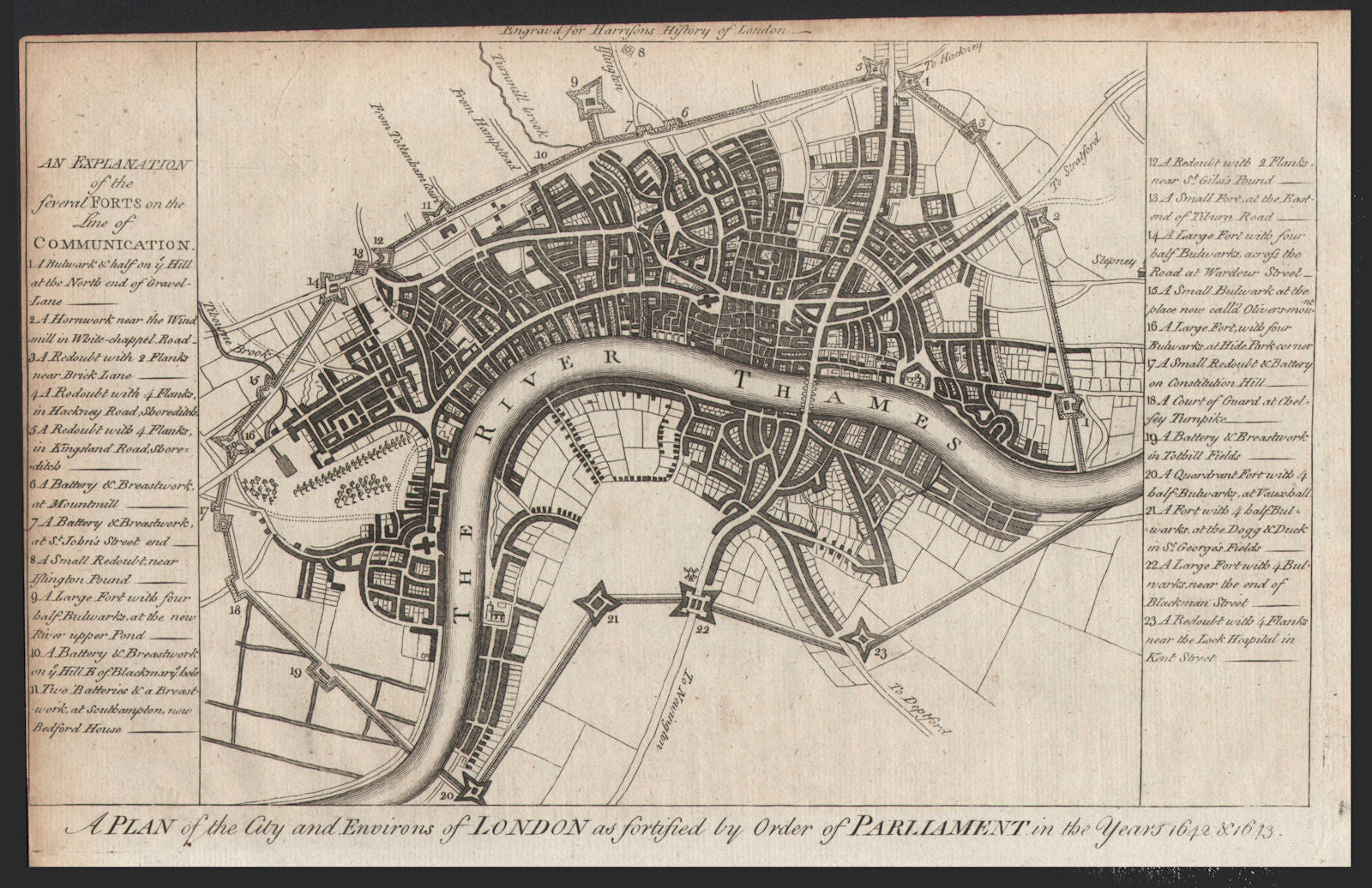 Civil War plan of London as fortified by Parliament in 1642/3. HARRISON 1776 map